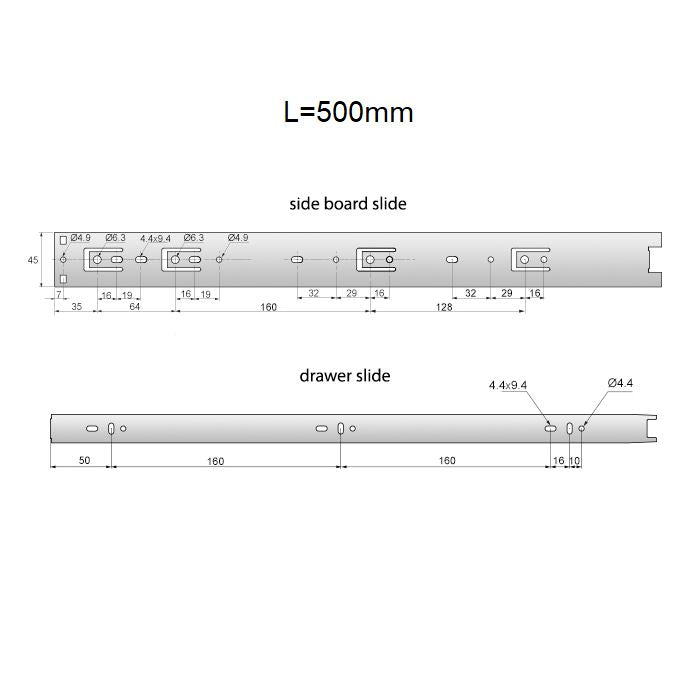 Výsuvné lišty s kuličkovými ložisky 500 mm - H45 (pravá a levá strana)