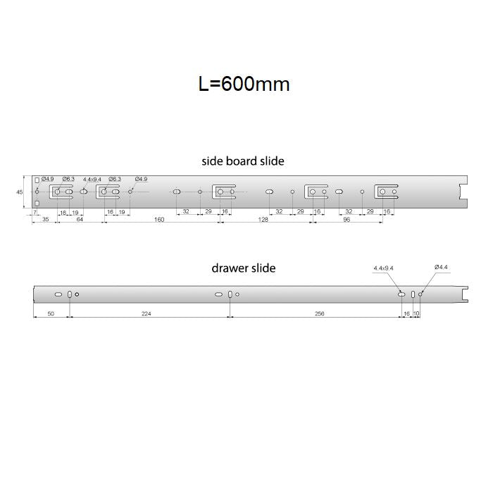 Výsuvné lišty s kuličkovými ložisky 600 mm - H45 (pravá a levá strana)