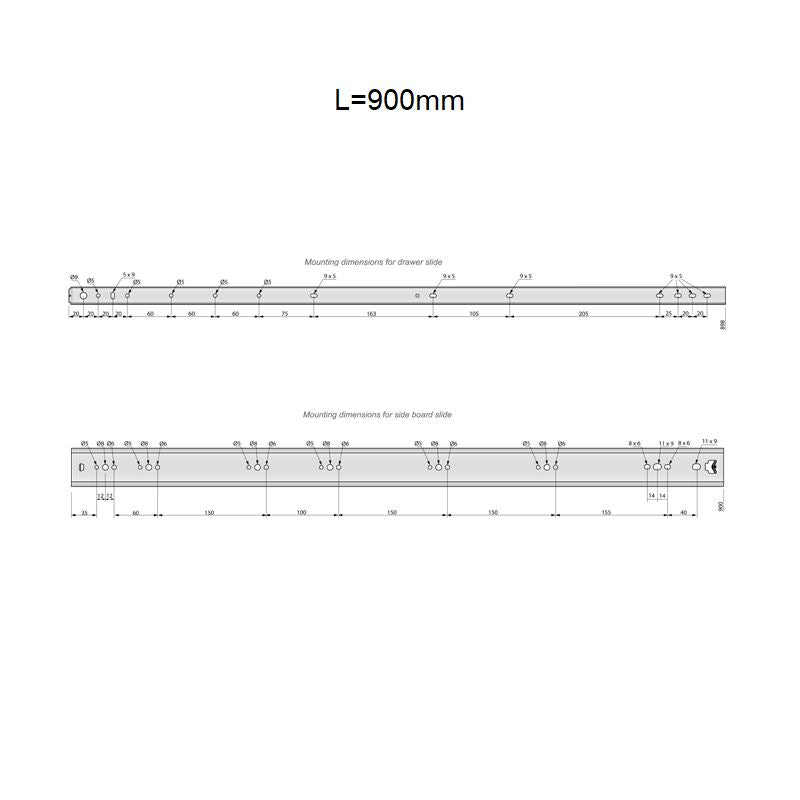 Výsuvné lišty s kuličkovými ložisky 900 mm - H53 (pravá a levá strana)