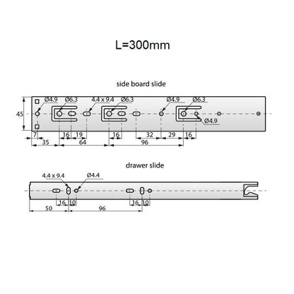 Drawer runners push to open 300mm - H45 (right and left side) NTP 