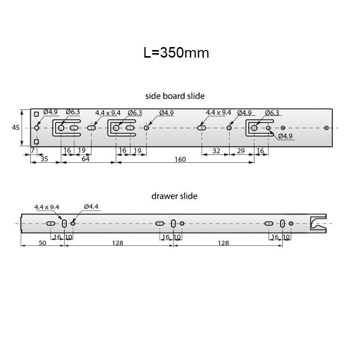 Drawer runners push to open 350mm - H45 (right and left side) NTP 