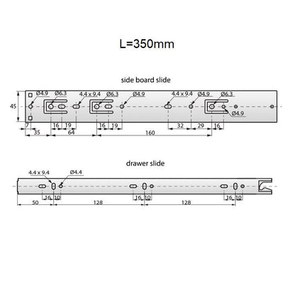 Drawer runners push to open 350mm - H45 (right and left side) NTP 