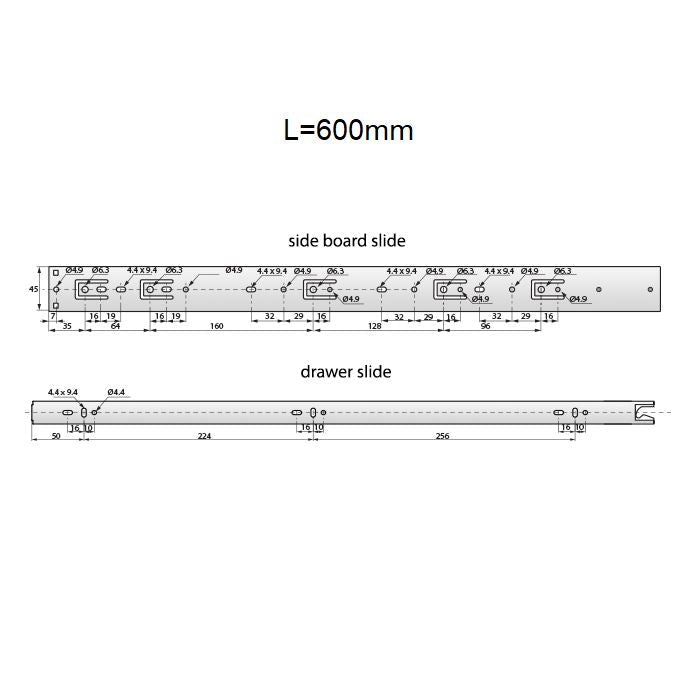 Drawer runners push to open 600mm - H45 (right and left side) NTP 