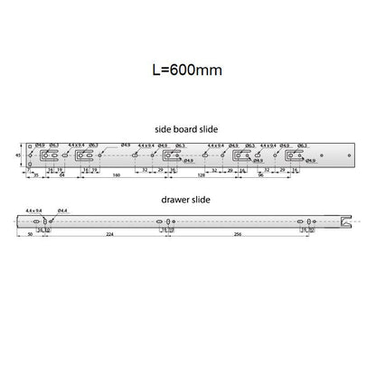 Drawer runners push to open 600mm - H45 (right and left side) NTP 
