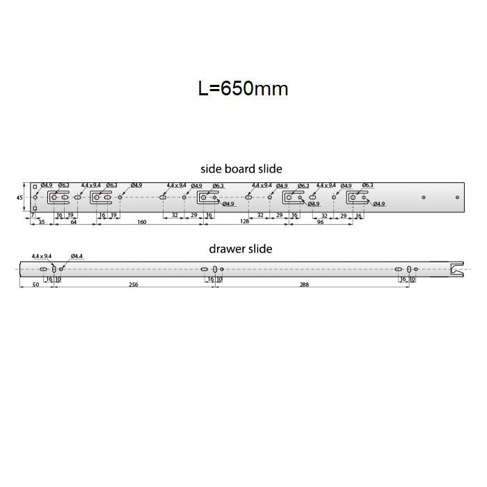 Drawer runners push to open 650mm - H45 (right and left side) NTP 