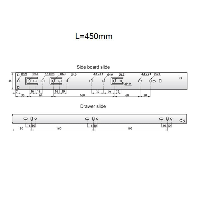 Výsuvy zásuvek s tlumeným zavíráním 450 mm - H45 (pravá a levá strana)