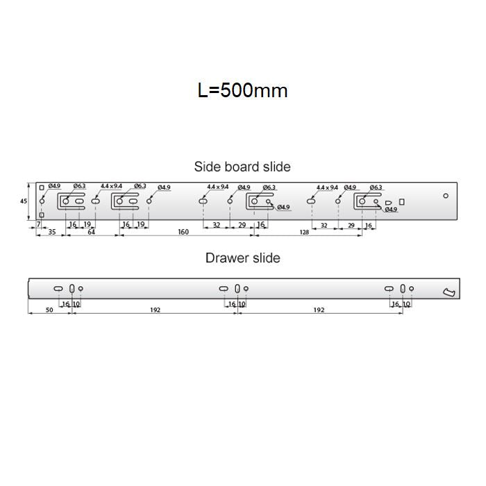 Drawer runners soft-close 500mm - H45 (right and left side) NTP 
