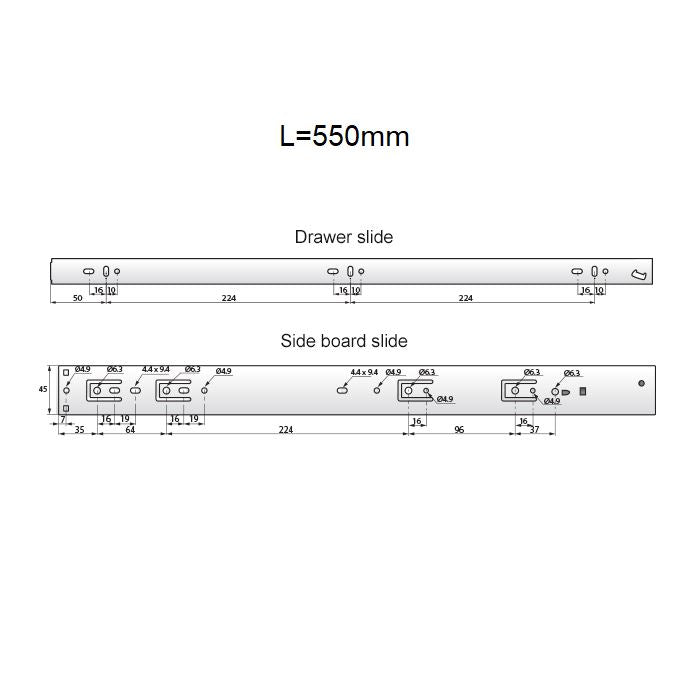 Drawer runners soft-close 550mm - H45 (right and left side) NTP 