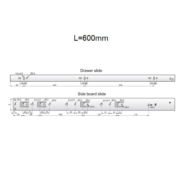 Drawer runners soft-close 600mm - H45 (right and left side) NTP 