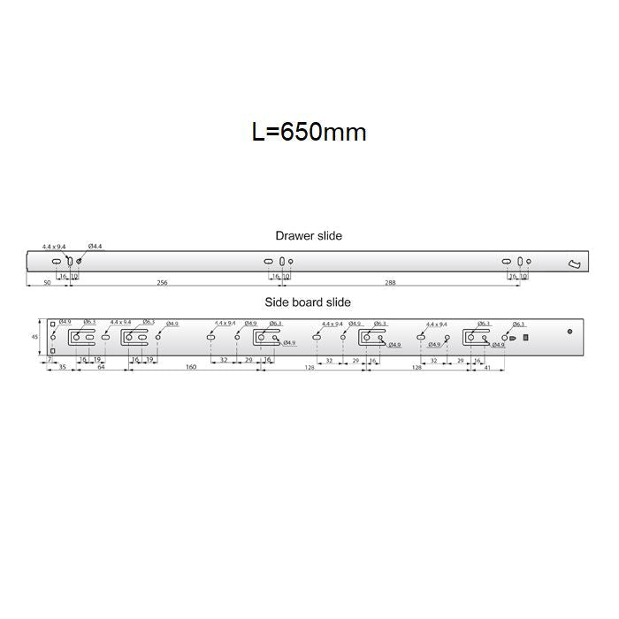 Drawer runners soft-close 650mm - H45 (right and left side) NTP 