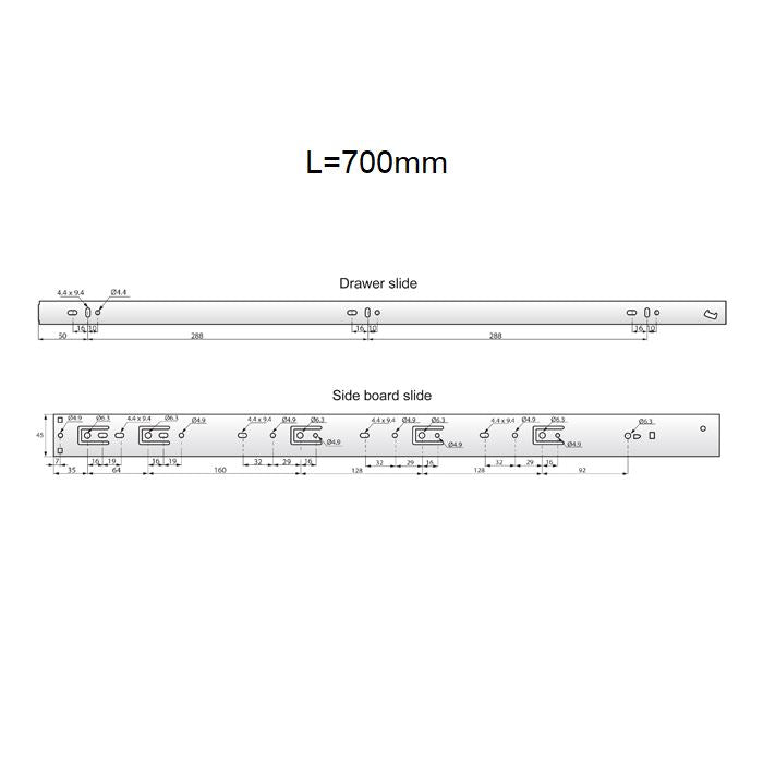 Drawer runners soft-close 700mm - H45 (right and left side) NTP 