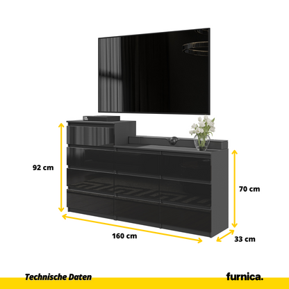 GABRIEL - Komoda se 10 šuplíky (6+4) - Skříň na oblečení do ložnice - Antracit / Černý lesk - H92/70cm Š160cm D33cm (2)
