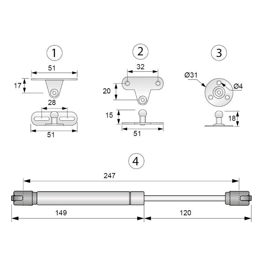 Gas Strut 250mm - 200N NTP 
