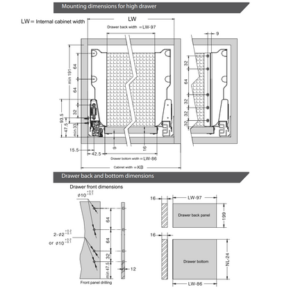Sada systému zavírání zásuvek s tlumením, VYSOKÁ, V: 185 mm, stříbrná (3) – Furnica