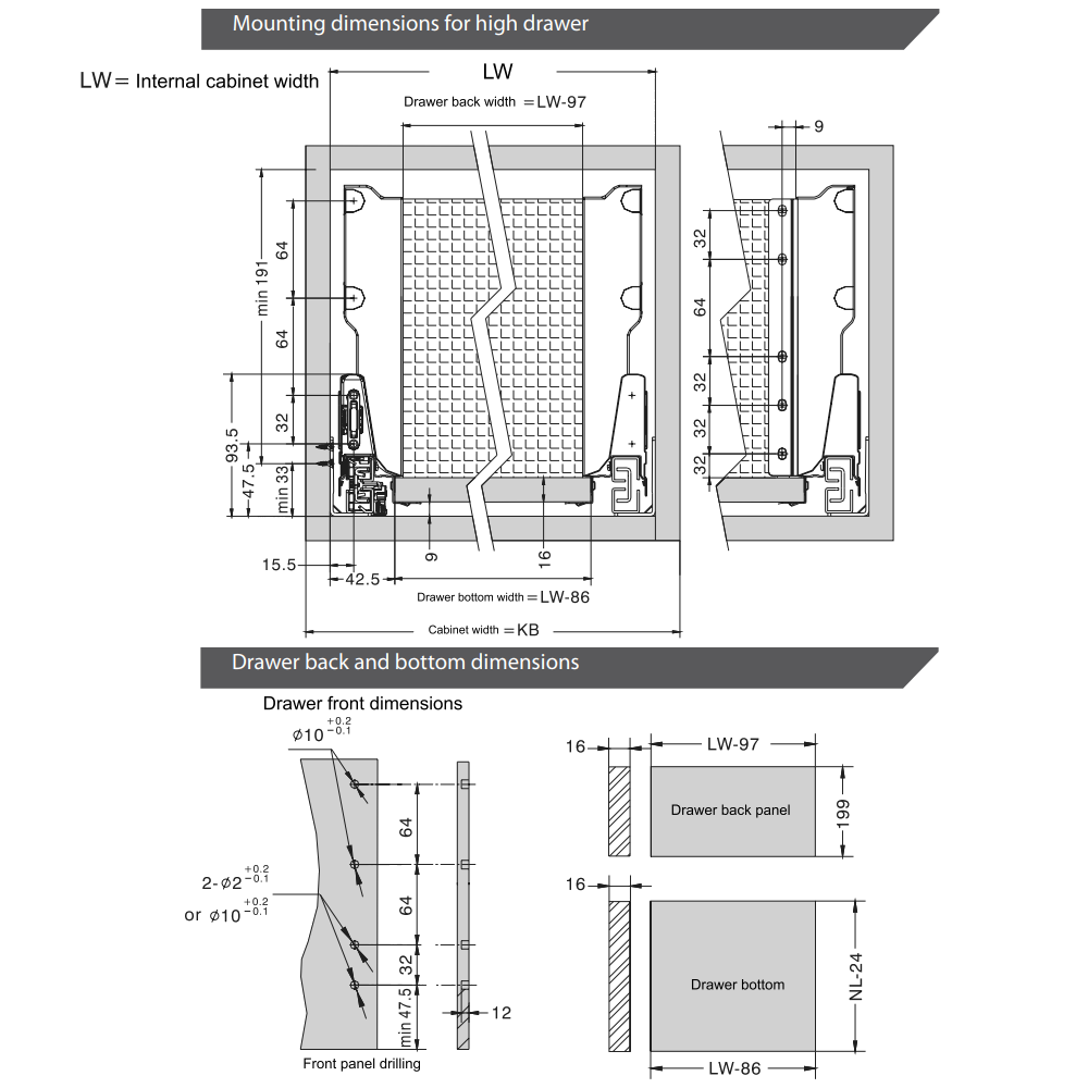 Sada systému zavírání zásuvek s tlumením, VYSOKÁ, V: 185 mm, bílá (2) – Furnica