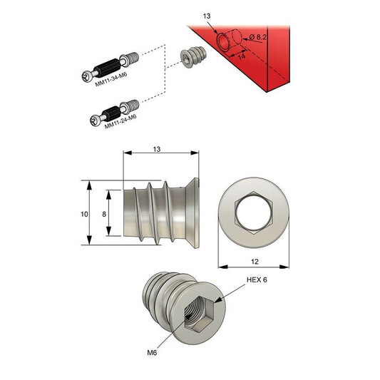 M6 závitový vložka 10x13mm - Zinek 100 ks (2) – Furnica