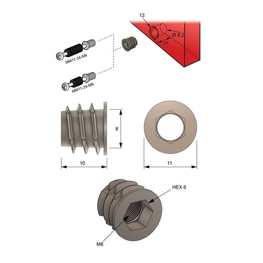 M6 závitový vložka 8x10mm - 100 ks (2) – Furnica