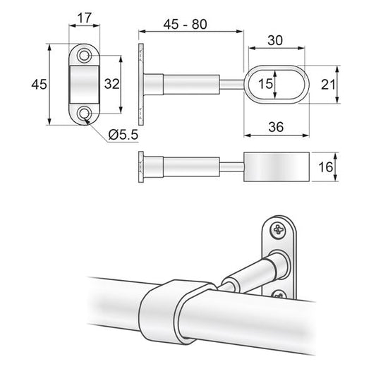 Oval Bar Distance Bracket 15x30mm, Chrome NTP 