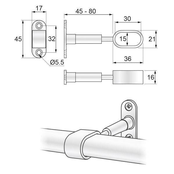 Ovalý držák na vzdálenostní lištu 15x30mm, chromovaný.