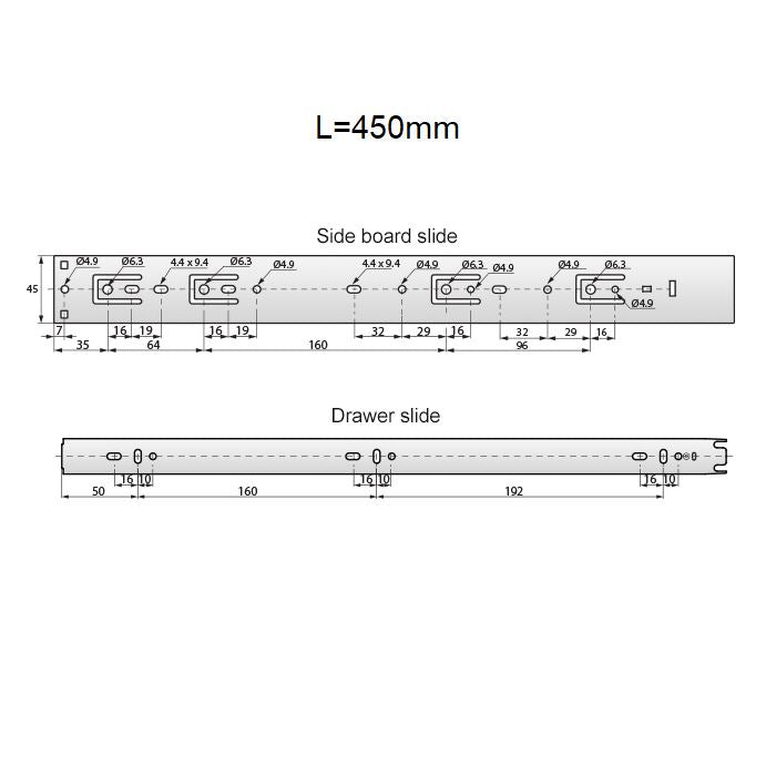 Sada výsuvných kuličkových vodicích lišt s otevíráním stisknutím (levá a pravá), H45 (7) – Furnica
