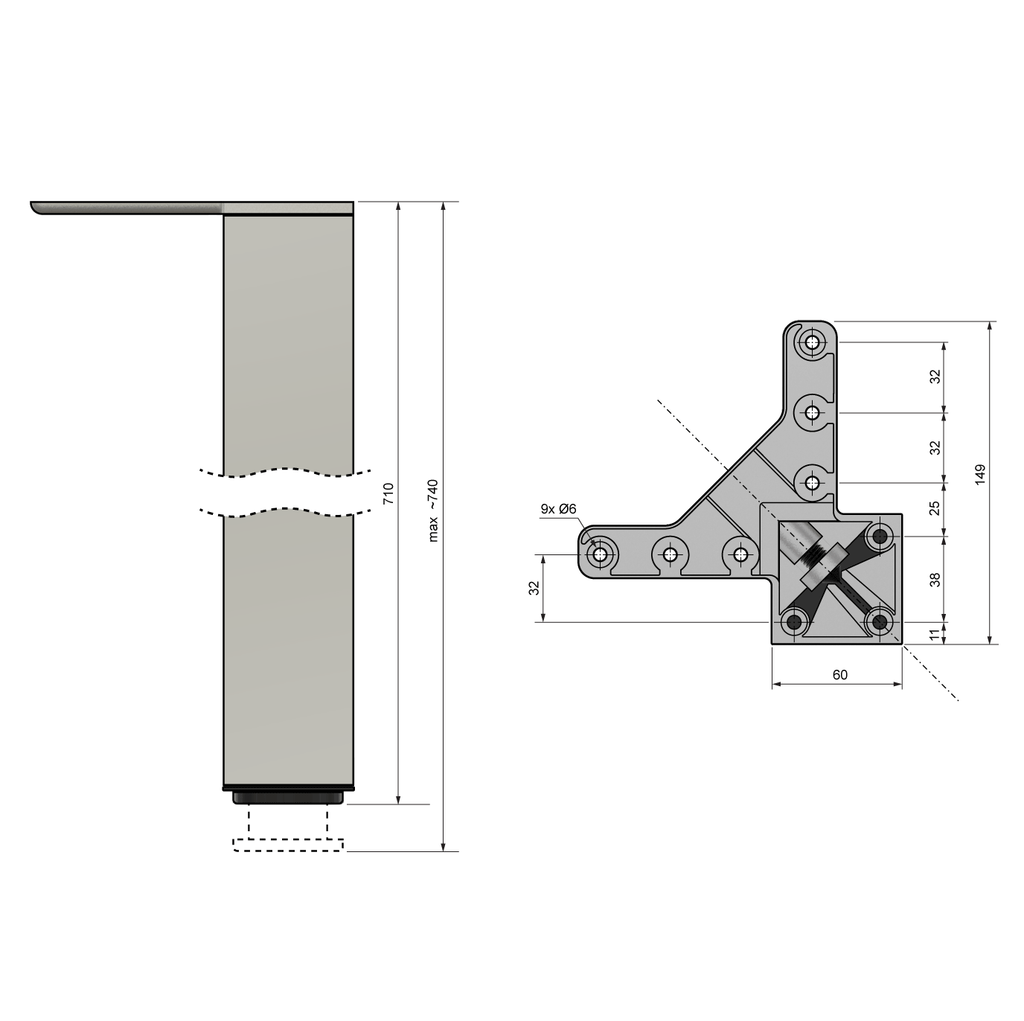 Čtvercová noha nábytku 710 mm, hliníková, montážní deska ZnAl