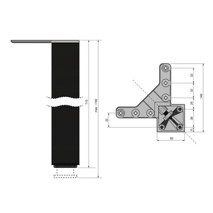 Square Furniture Leg 710mm, Black, ZnAl Mounting Plate Furnica 
