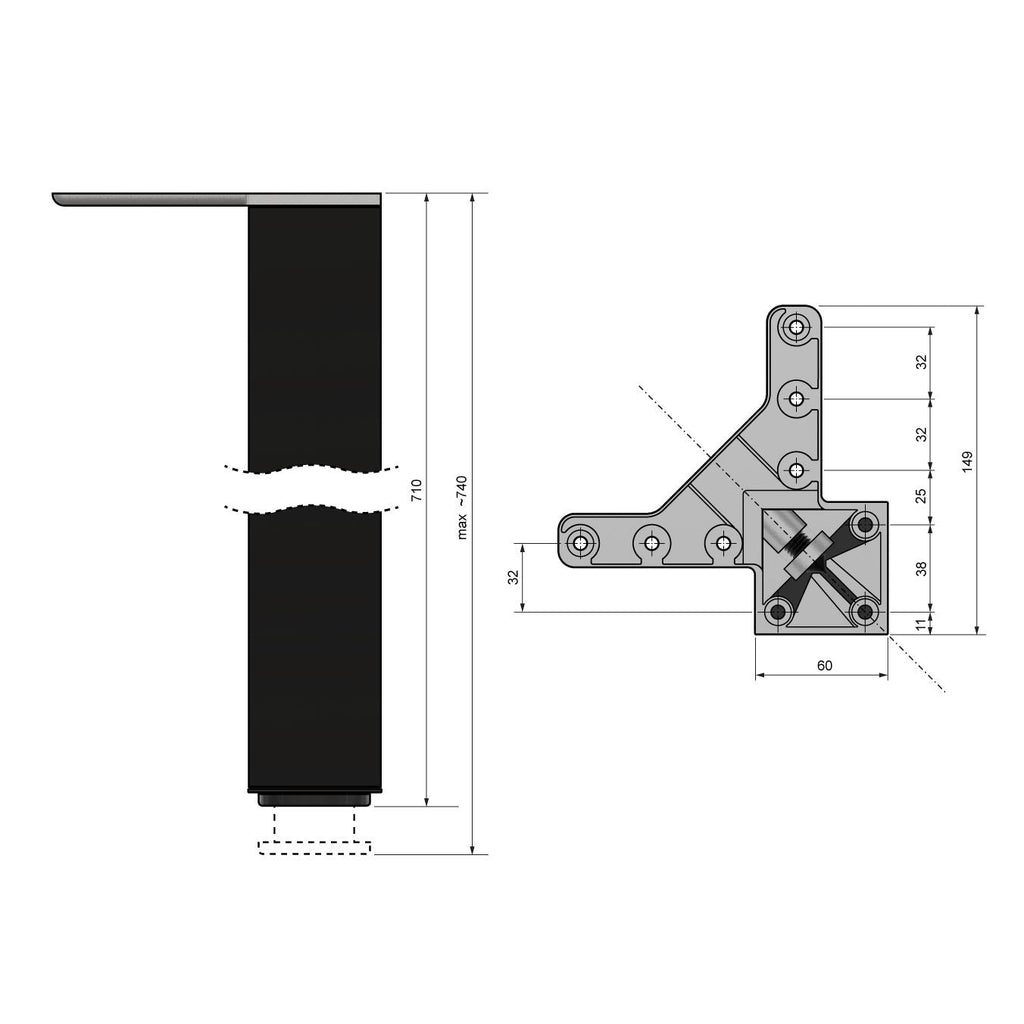 Čtvercová noha nábytku 710 mm, černá, montážní deska ZnAl