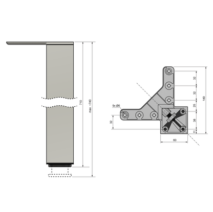 Square Furniture Leg 710mm, Satin, ZnAl Mounting Plate Furnica 