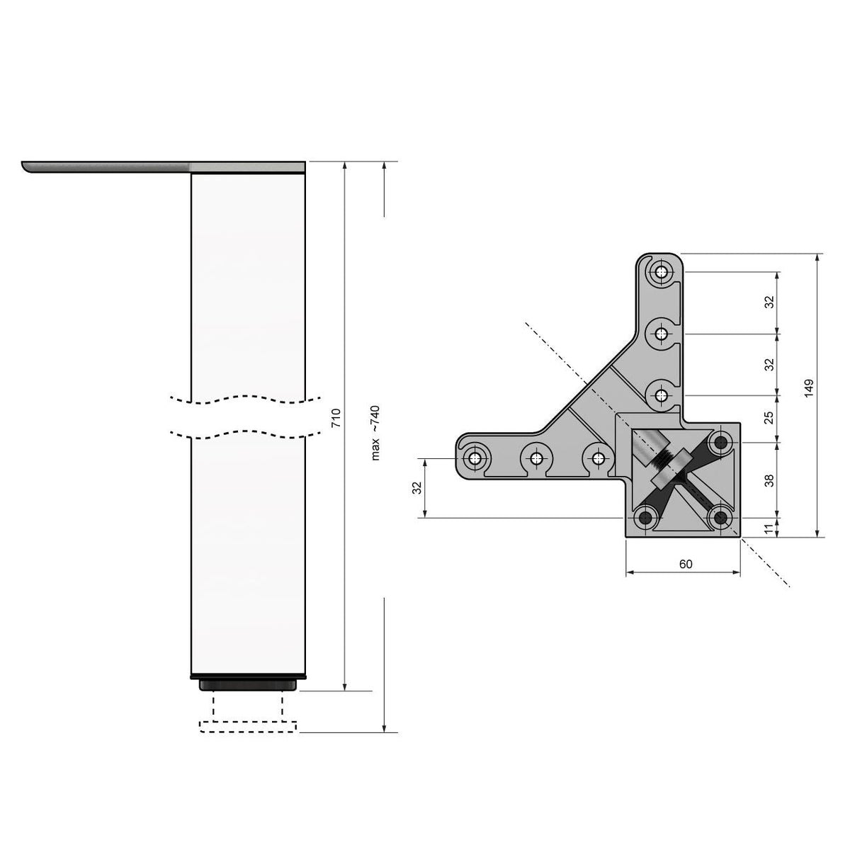 Čtvercová noha nábytku 710 mm, bílá, montážní deska ZnAl (4) – Furnica